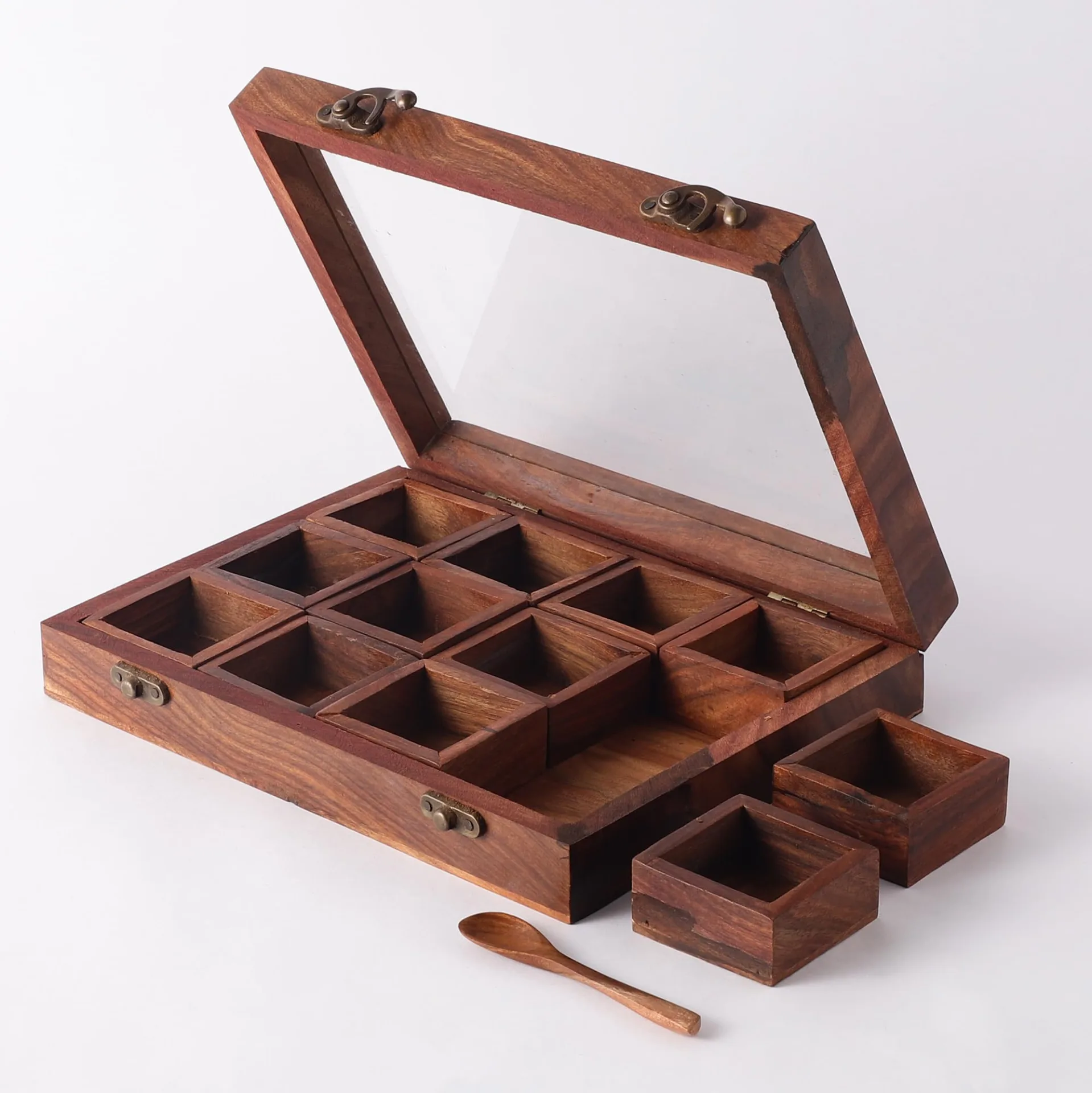 Sheesham Wood 12-Spice Box with Transparent Glass Top Distressed Vintage Look with Hand-rubbed Pigments