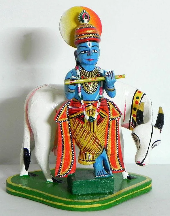 Lord Krishna and Cow Set Hand-painted Tella Poniki Wood Distressed Vintage Look with Hand-rubbed Pigments