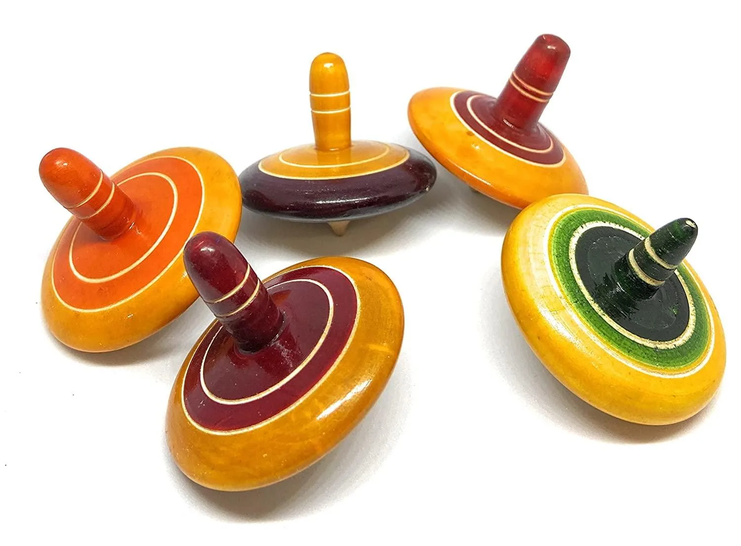 Traditional Wooden Spinning Tops Pack of 5 Neon Colors Handpainted Finish using Organic Vegetable Dyes
