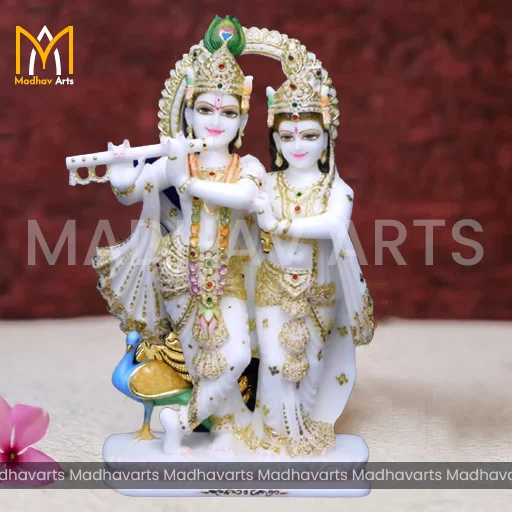 Sangemarmar Radha Krishna Murti with Mosaic Inlay work - Gold Leaf Work and Embossed Paint Trims