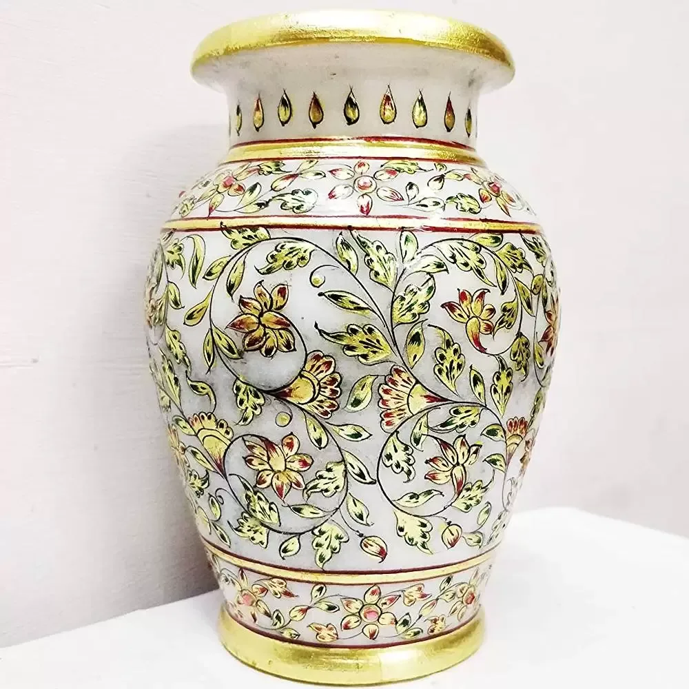 White Marble Flower Vase with Kundan Emboss Work Gold Leaf Work and Embossed Paint Trims