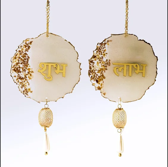 Kundan Embellished Marble Shubh Labh Wall Hanging Pair Antique Finish with Matte Wax Polish