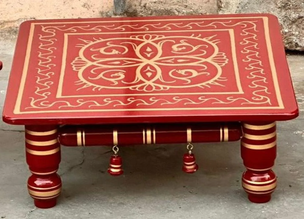 Hand-painted Sankheda Wooden Decorative Puja Chowki Intricate Lattice Openwork Chased Style