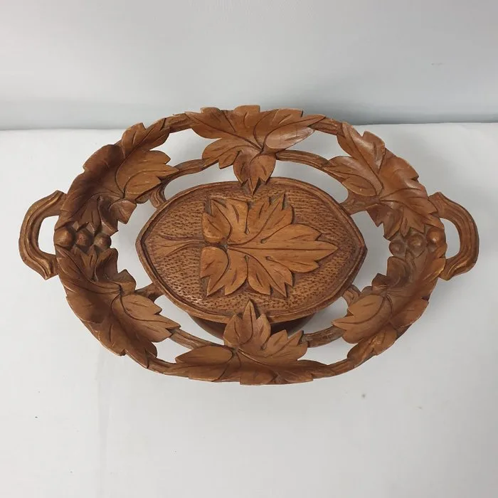 Walnut Wood Intricate Relief Carved Fruit Bowl Intricate Lattice Openwork Chased Style