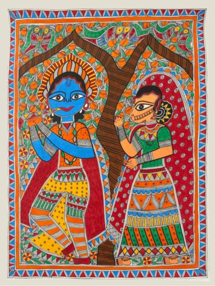 Radha Krishna Eternal Love Canvas Painting Natural Dyes Traditional Oil-rubbed High Lustre Polish