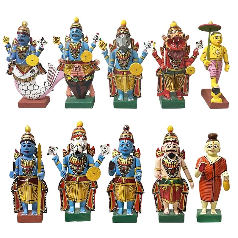 Dasavataram Ten Avatars Hand-painted Wooden Set Distressed Vintage Look with Hand-rubbed Pigments