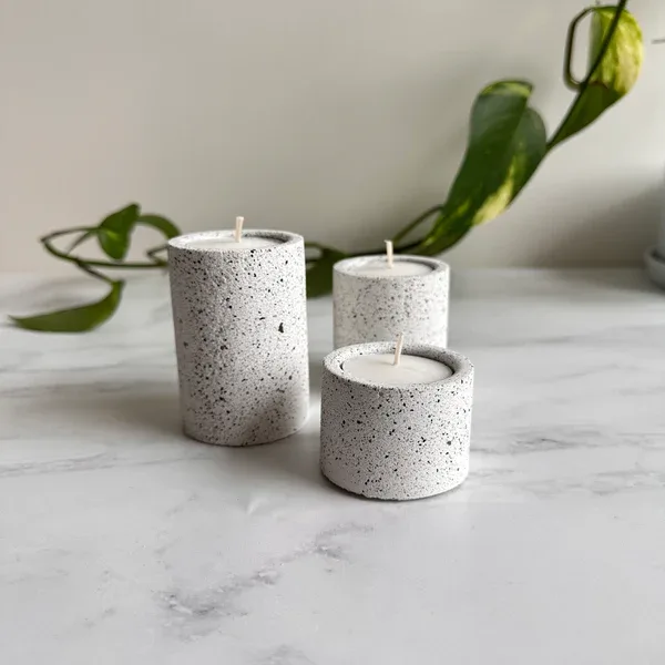 Polished Granite Tea Light Holder Trio Set Intricate Lattice Openwork Chased Style