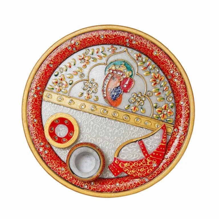 Kundan Work Marble Puja Thali Set with Roli Chawal Pockets Traditional Oil-rubbed High Lustre Polish